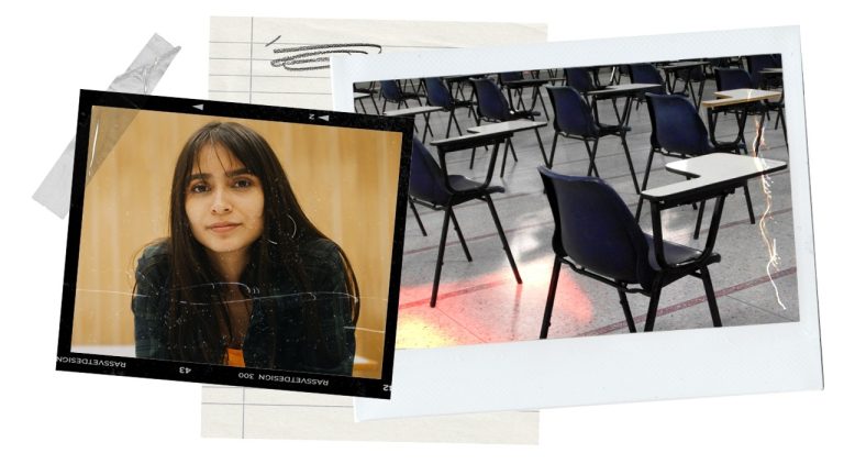 An image of a young lady with dark hair is collaged with an image of a blue chairs lined up in an exam hall, and some lined paper with pencil scribbles on it.